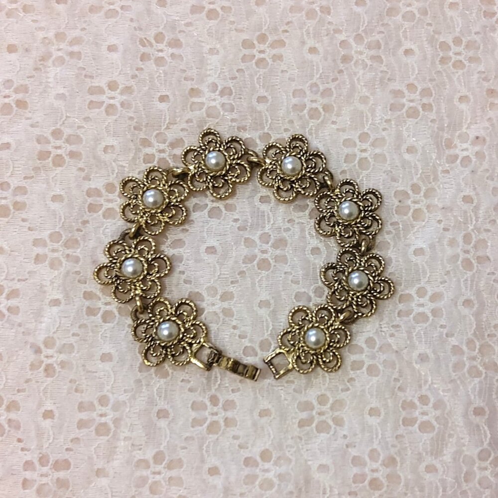 New Multi Pearl Links Floral Gold Tone Bracelet Women's Jewelry Gifts
